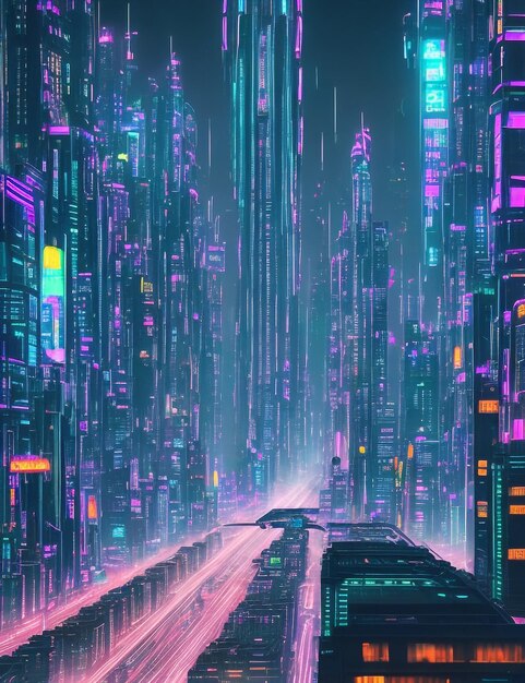 Un maestoso paesaggio urbano futuristico con imponenti grattacieli e uno sfondo cyberpunk