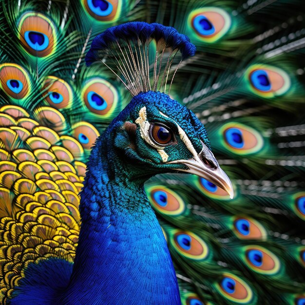 Un maestoso pavone che mostra le sue piume vibranti in uno scatto in primo piano