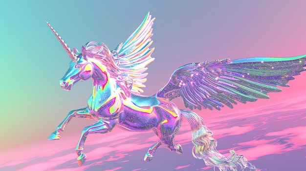 Un maestoso unicorno iridescente con le ali spalancate vola attraverso un paesaggio surreale
