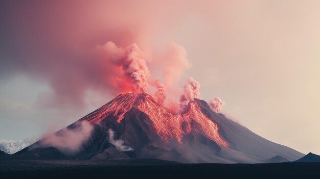 Un maestoso vulcano in feroce eruzione sotto un cielo rosa surreale con ruscelli di lava e ondulazioni