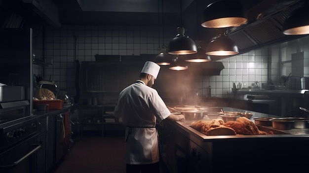 Un maestro chef che crea magia culinaria nella cucina del ristorante Generative AI