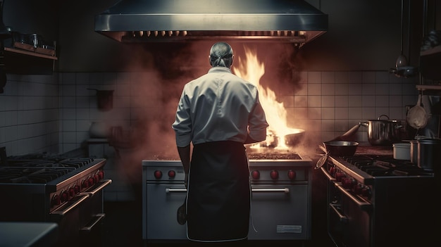 Un maestro chef che crea magia culinaria nella cucina del ristorante Generative AI