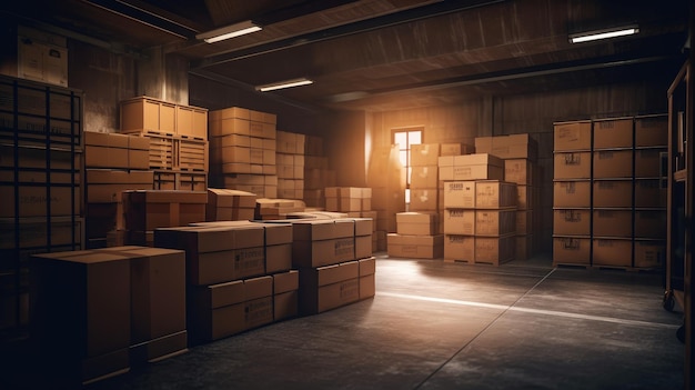 Un magazzino con scatole e scatole nel mezzo