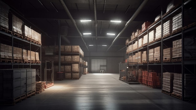 Un magazzino vuoto con scaffali e scatole IA generativa