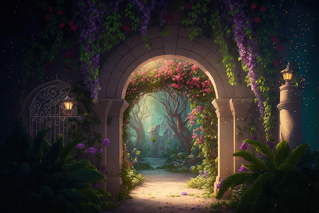 Un magico giardino nascosto con archi di fiori e vegetazione rigogliosa, come uscito da una fata
