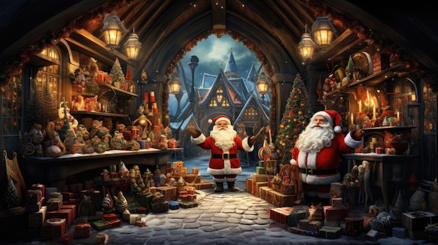 un magico laboratorio di Babbo Natale pieno di regali di giocattoli che catturano l'incanto e la gioia del Natale