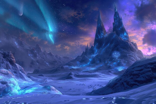Un magico paese delle meraviglie invernali di notte con castelli di ghiaccio splendidi