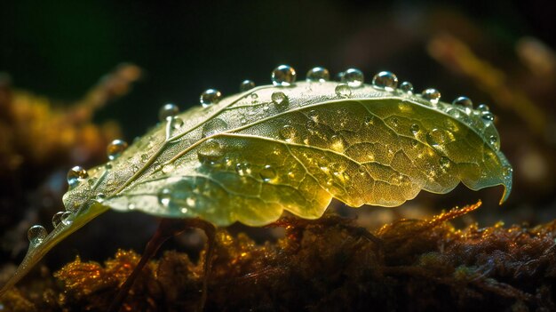 Un magico scatto macro di una foglia bianca su un letto di muschio verde ornato di gocce di rugiada e una morbida atmosfera da sogno