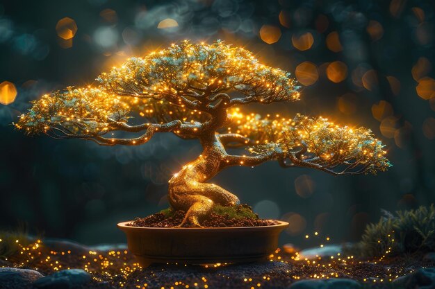 Un magnifico albero bonsai bagnato da luci dorate Ai generative