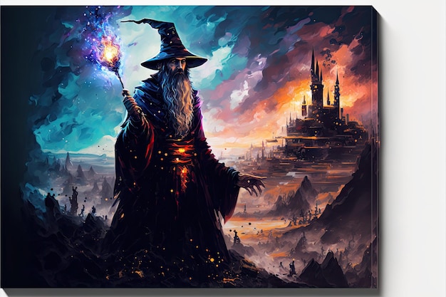 Un mago che tiene la bacchetta magica in cima alla collina nella fantasia della notte oscura