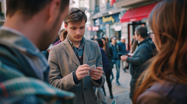 Un mago di strada che fa un trucco con le mani