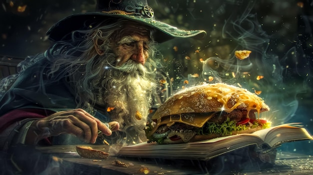 Un mago incantato che contempla un hamburger magico.