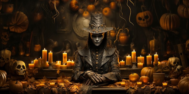 Un mago inquietante o un cacciatore di streghe sullo sfondo del palazzo, una favola a tema Halloween