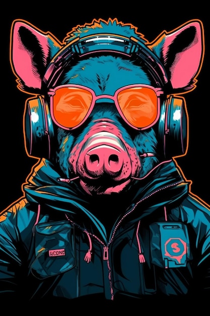 Un maiale che indossa le cuffie e indossa una giacca con la scritta "cyberpunk"