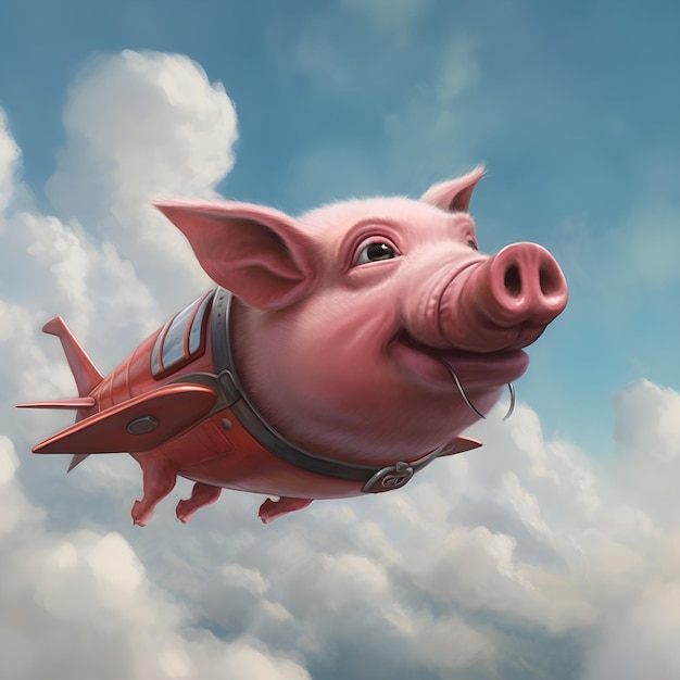 Un maiale che vola nel cielo con un razzo sul naso.