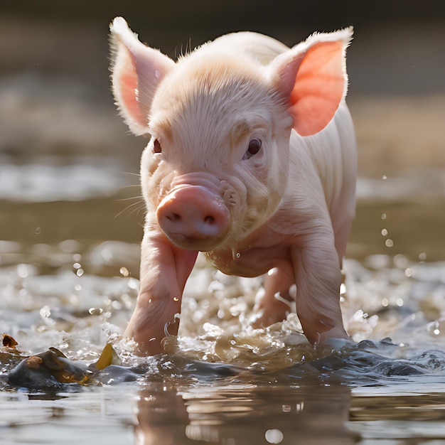 un maiale in acqua sta nuotando in uno stagno