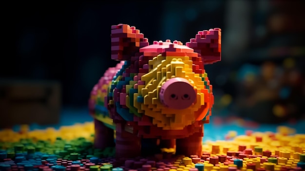 Un maiale lego fatto di blocchi lego viene visualizzato in una stanza buia