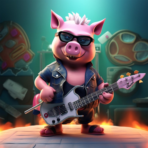 Un maiale suona una chitarra e indossa occhiali da sole.