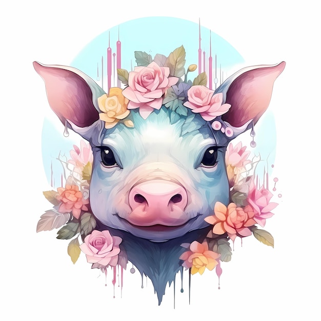 un maialino con fiori e l'immagine di un maialino con un orecchio e un fiore al centro