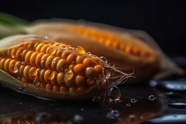 Un mais su una superficie nera con gocce d'acqua