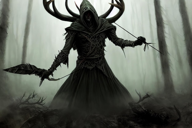 Un malvagio cacciatore di elfi brutali in tuta verde Concept art Pittura digitale Illustrazione di fantasia