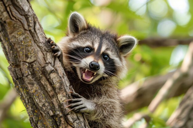 Un malvagio kit di procioni con la faccia mascherata e un sorriso giocoso