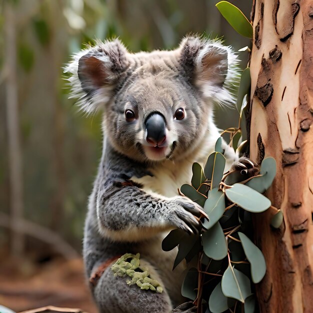 Un malvagio koala che si diverte a mangiare un grappolo di foglie di eucalipto