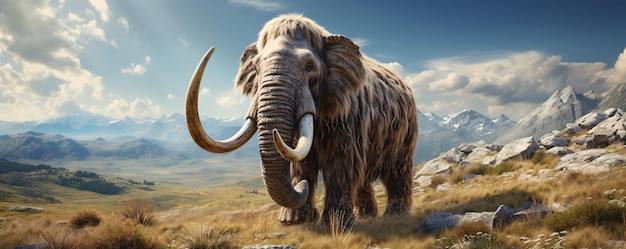 Un mammut lanoso con vasti pascoli e montagne sullo sfondo IA generativa