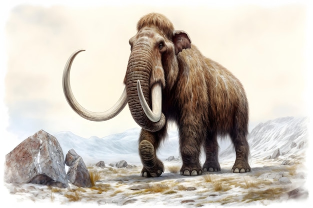 Un mammut lanoso sta camminando attraverso un paesaggio roccioso.