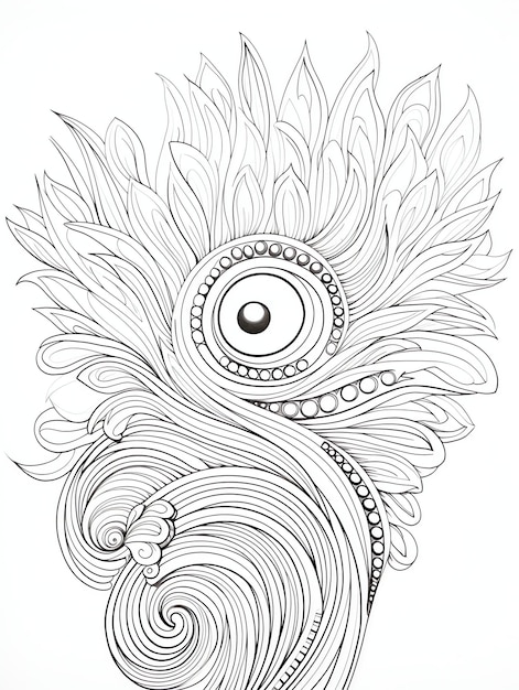 Un mandala circolare con piume di pavone Mindful Patterns Mandala pagina di libro da colorare in bianco e nero