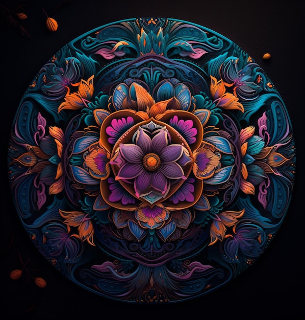 Un mandala colorato con sopra un fiore