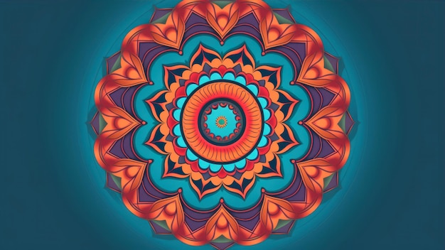 Un mandala colorato con un cerchio rosso al centro.