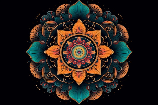 Un mandala colorato con un motivo floreale su sfondo nero.