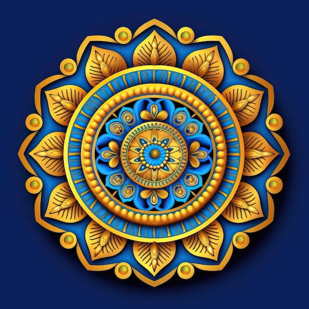 un mandala giallo e blu con motivi gialli e arancioni