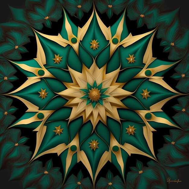 Un mandala oro e verde con un design a stella d'oro