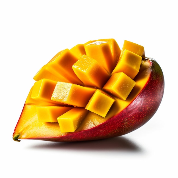 Un mango dalla buccia rossa e dal centro giallo.