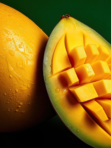 un mango maturo e succoso tagliato a metà