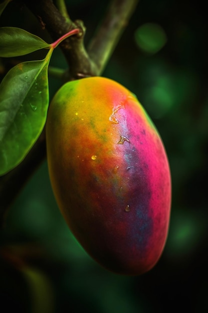 Un mango pende da un albero nel giardino di una fattoria nelle Filippine.