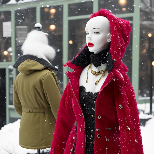 Un manichino che indossa un cappotto rosso e una collana d'oro si trova nella neve.