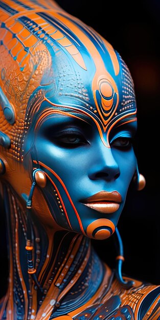 un manichino femminile con una faccia blu e gioielli d'oro