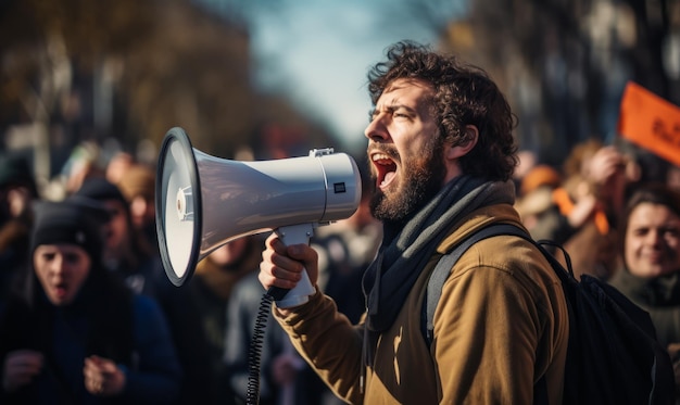 Un manifestante a una manifestazione politica che parla in un megafono altoparlante