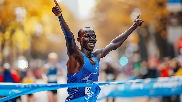 Un maratoneta in estasi attraversa la linea di arrivo al primo posto con le braccia alzate in trionfo