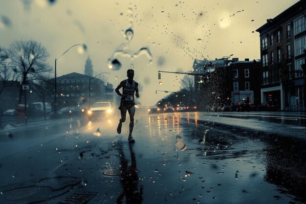 Un maratoneta sfida la pioggia del crepuscolo illuminato dalle luci della strada e dai riflessi sulla strada scivolosa della città