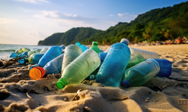 Un mare di bottiglie di plastica scartate che luccicano al sole