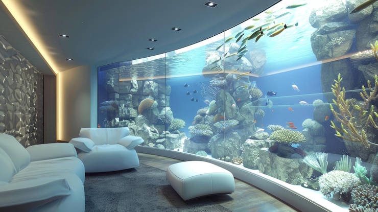 Foto un mare di relax la stanza dispone di un acquario saler da parete a parete che crea un senso di relax e calma l'arredamento è minimalista permettendo ai pesci di essere l'obiettivo principale