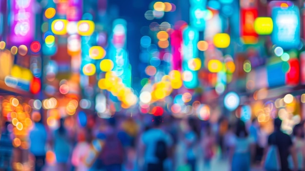 Un mare di volti sfocati in un affollato quartiere commerciale come vetrine colorate e luci brillanti