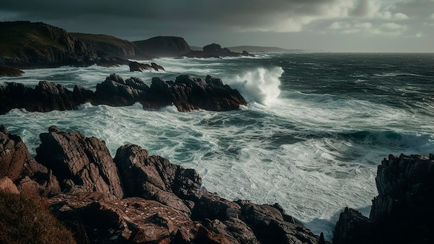 Un mare in tempesta con onde che si infrangono sugli scogli