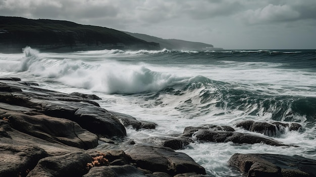 Un mare in tempesta con onde che si infrangono sugli scogli