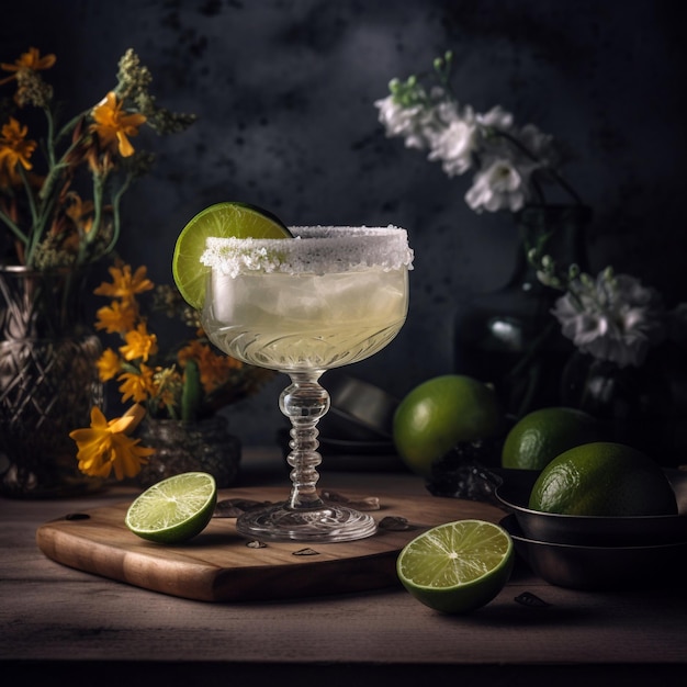 Un margarita con lime su un tavolo con fiori sullo sfondo.