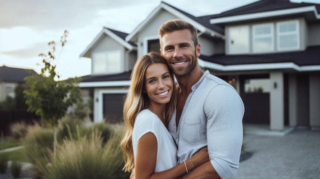 Un marito e una moglie felici stanno sorridendo di fronte a una grande casa nuovo concetto di casa creando un